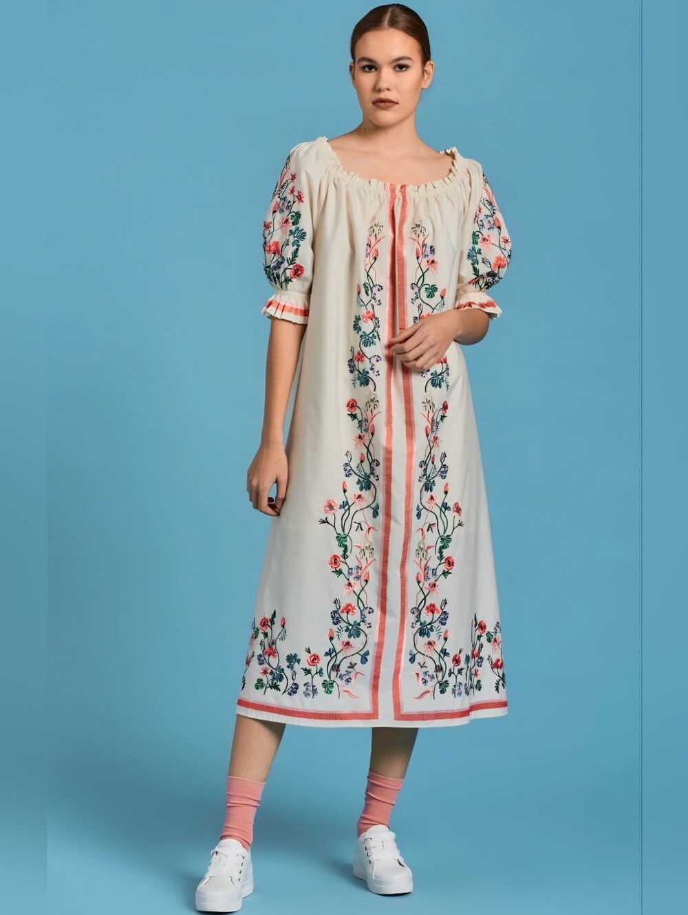 GANT D2 DRESS. EMBROIDERED WILD FLORAL DRESS EGGSHELL